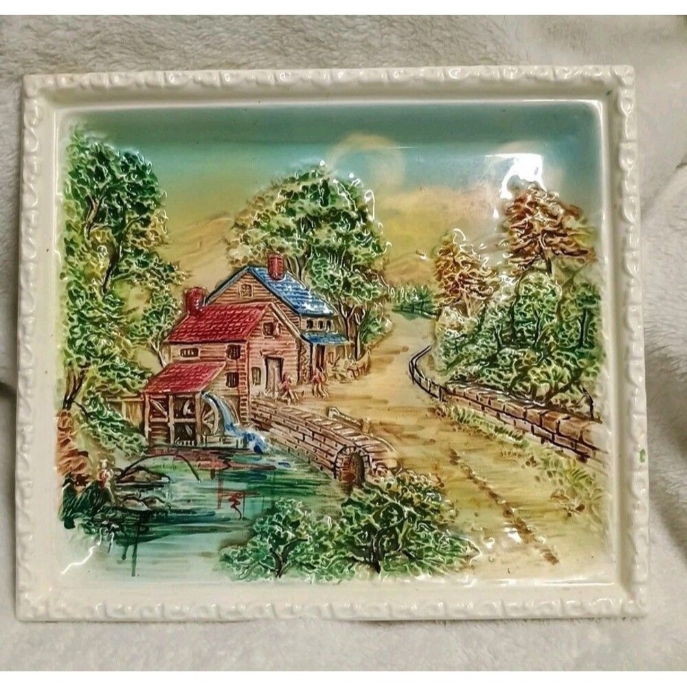 Vintage Bridge Farm Mill Framed Ceramic Tile Country Enesco Japan *Chip